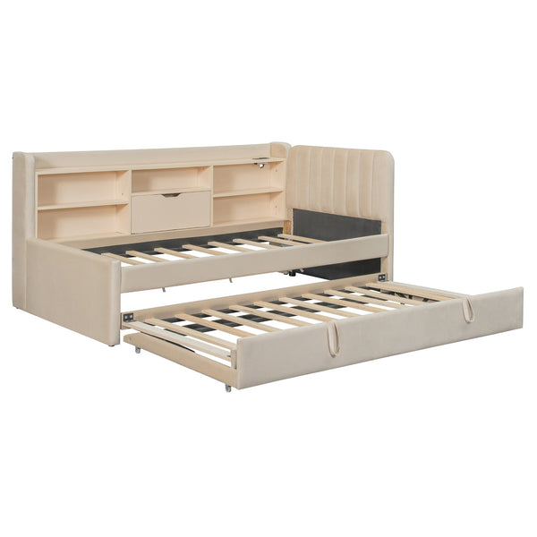 English Elm Twin Upholstered Daybed with Pull-Up Trundle, Velvet High Back with Shelves, Flip Storage & USB Beige SF000194AAA