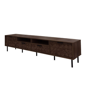 English Elm 78 Inch Walnut Media Console with Slatted Doors Iron Legs and Cable Management N710P373605Q