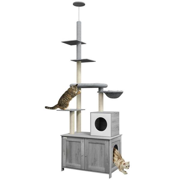 English Elm Pawhut Floor to Ceiling Cat Tower with Hidden Litter Box Condo Hammock Sisal Posts W2225P200364