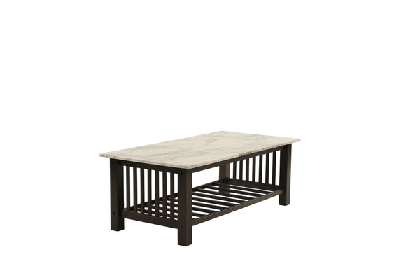 English Elm Contemporary 3pc Occasional Table Set Faux Marble Top Antique Walnut Finish Open Shelf Modern Design B011S01995