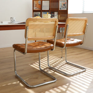 English Elm Dining Chairs Set of 4 Velvet Seat Woven Rattan Back Chrome Cantilever Frame Brown W2105S00006