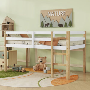 English Elm Solid Twin Loft Bed Natural-White Rubberwood with Ladder, Strengthened Slats, Storage-Ready Design W504P233031