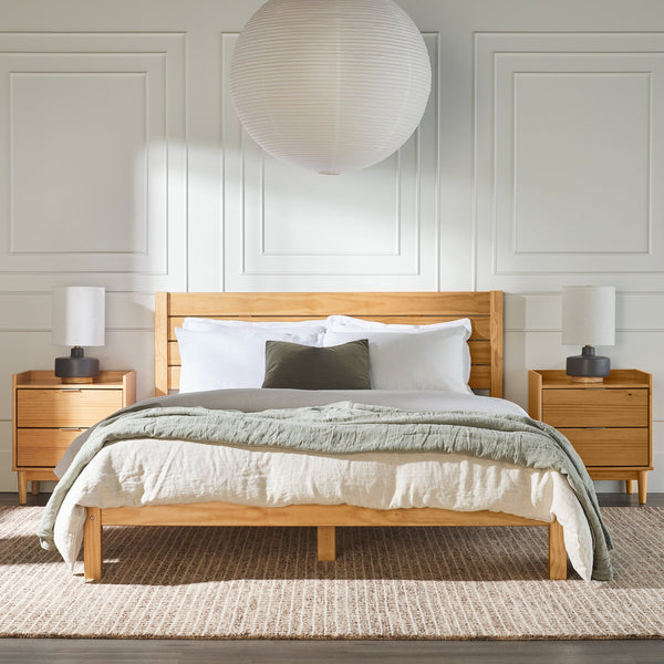 English Elm Walker Edison - Modern Modernist Queen Bedframe with Boho Slatted Headboard, Solid Pine Construction, No Box Spring Needed Natural Wood 84 L x 11 W x 9 H B185P169105