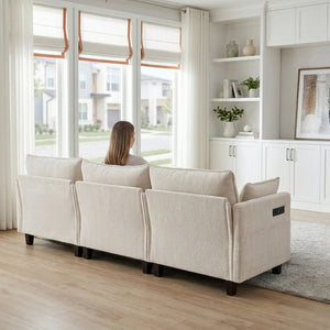 English Elm Modern Chenille Three Seat Sofa with Ottoman Usb Charging Ports and Storage Pockets Beige White W2519S00001