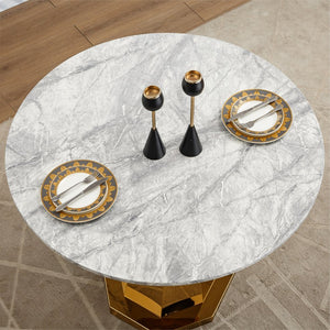 English Elm 47" Round Marble Dining Table - Stylish High-Gloss Faux Marble Top & Gold Stainless Steel Base W3456S00033