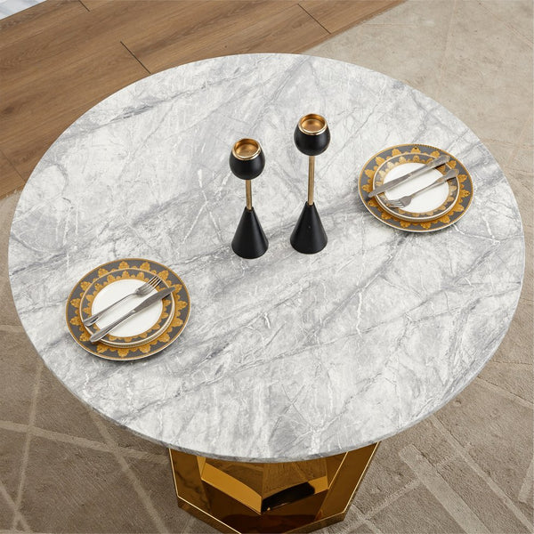 English Elm 47" Round Marble Dining Table - Stylish High-Gloss Faux Marble Top & Gold Stainless Steel Base W3456S00033