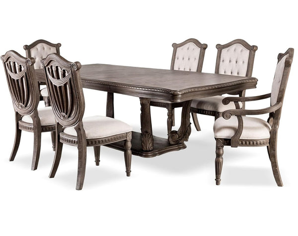 English Elm Vintage Luxury Dining Room Furniture Set - Weathered Oak 7-Piece Table & Beige Tufted Chairs B2741S00752-GIGA