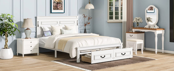 English Elm Queen Farmhouse Pinewood Storage Bed with Led Lighting Usb Charging and Panel Headboard White W504P391013