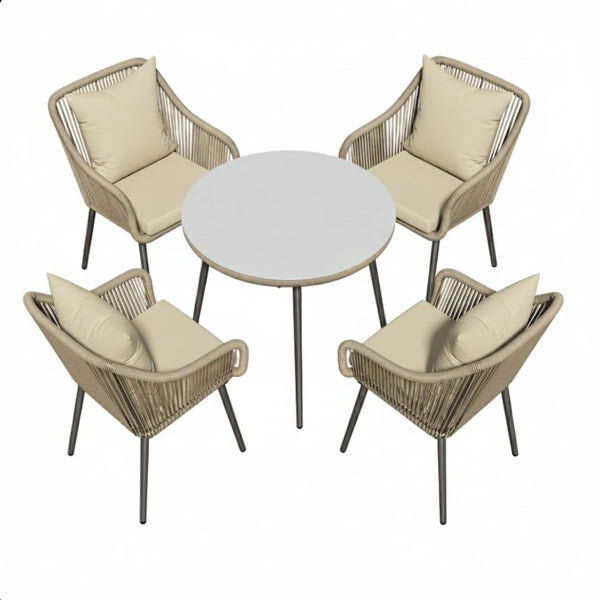 English Elm 5-piece Outdoor Wicker Patio Dining Set with Tempered Glass Table and Umbrella Hole Beige+Brown B082S00074