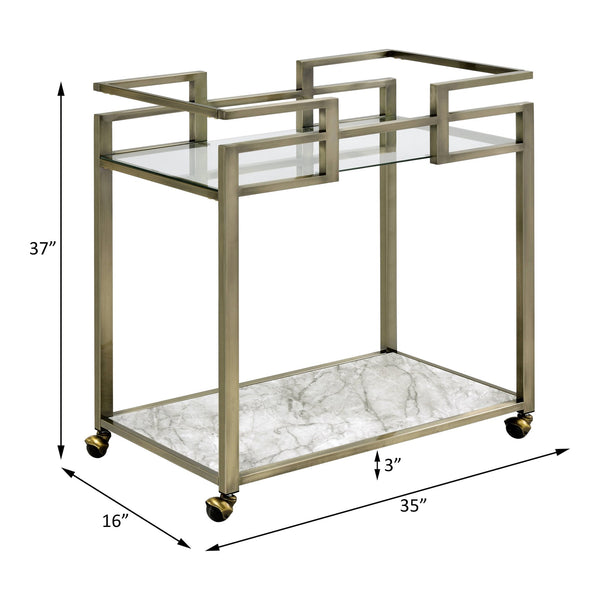 English Elm Neilo Brushed Brass 2-Tier Serving Cart with Faux Marble Top & Clear Tempered Glass Shelves, 32" B2726P408081