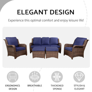 English Elm Patio Rattan Outdoor Sectional Set with 3-Seat Sofa, 2 Chairs & 2 Ottomans Cushioned Comfort Brown Grey,Navy Blue W1710S00255