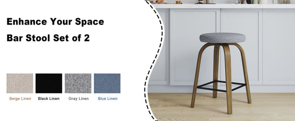 English Elm Swivel Backless Counter Stools Set of 2 with Fabric Seat Bentwood Legs Mid-century Modern Gray W3107P449831