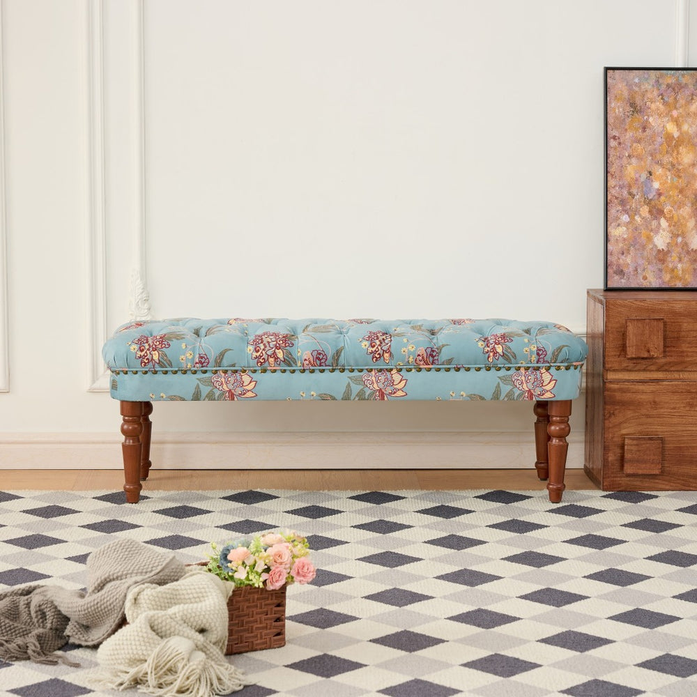 English Elm European Tufted Floral Upholstered Bench with Turned Legs for Bedroom or Living Room W3373P453377