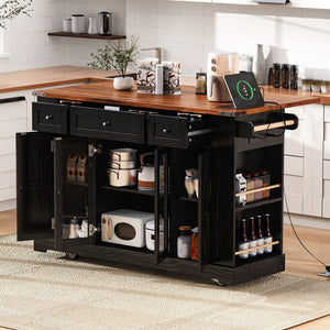 English Elm K&K 53" Farmhouse Kitchen Island with Drop Leaf, Tempered Glass Doors, Power Outlet, Rolling Cart Black N707P263637B