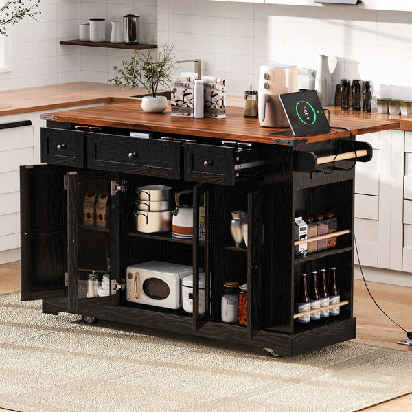 English Elm K&K 53" Farmhouse Kitchen Island with Drop Leaf, Tempered Glass Doors, Power Outlet, Rolling Cart Black N707P263637B