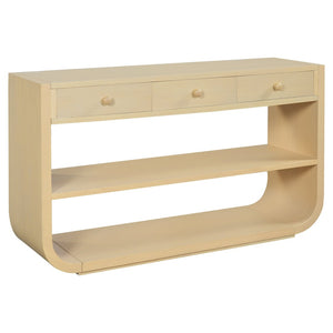 English Elm [video] Sculptural Console Table Pine Wood Curved Legs Soft-close Drawers Open Shelving Entryway Natural N759P433560N
