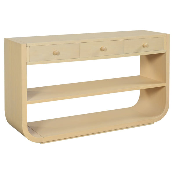 English Elm [video] Sculptural Console Table Pine Wood Curved Legs Soft-close Drawers Open Shelving Entryway Natural N759P433560N
