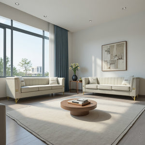 English Elm FX-P82-2PC Velvet Sofa Set of 2 — Plush Tufted 3-Seater Couches with Gold Metal Legs for Stylish Homes Beige W576S00240