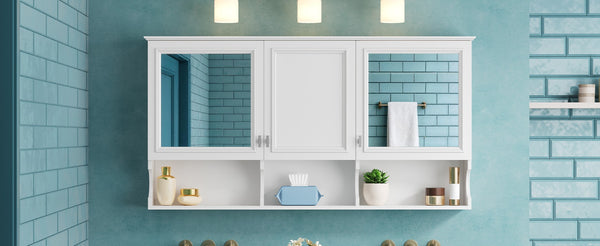 English Elm 55 Inch Wall Mount Medicine Cabinet Dual Mirrored Doors Soft Close Bathroom Vanity Storage N710P401337K