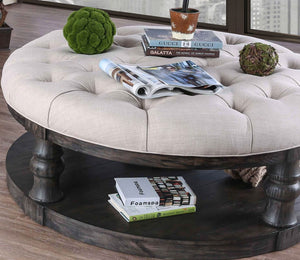 English Elm Rustic Round Wooden Coffee Table 48" Dia x 20" H with Weathered Finish, Turned Legs, Open Shelf and Button-Tufted Beige Linen Top Antique Grey 51 L x 51 W x 13 H B2741P357495