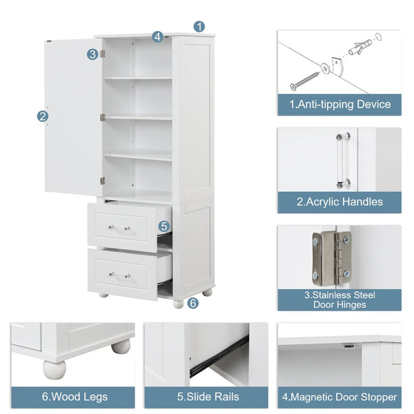 English Elm Tall Freestanding Bathroom Cabinet Two Drawers Adjustable Shelves Matte Mdf Storage White N725P407739K