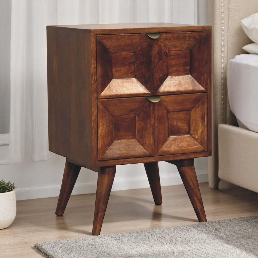 English Elm Quad Nightstand Solid Mango Wood Chestnut Finish – Handcrafted 2-Drawer Nordic Legs, Modern Artful Design B182P316458