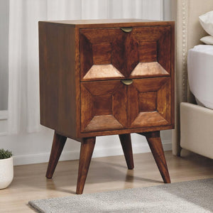 English Elm Quad Nightstand Solid Mango Wood Chestnut Finish – Handcrafted 2-Drawer Nordic Legs, Modern Artful Design B182P316458