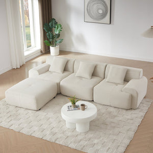English Elm 113" Modular L-shaped Sectional Sofa Corduroy Upholstered with Movable Ottoman Beige W1359S00061
