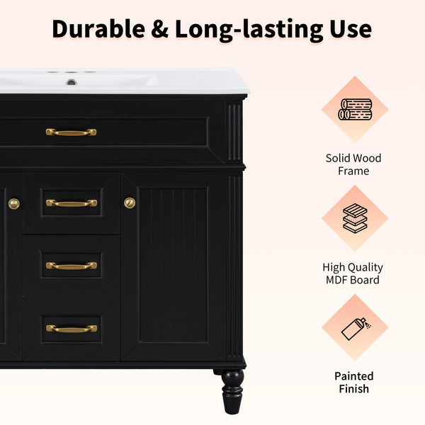English Elm 36 Inch Bathroom Vanity with Ceramic Sink, Durable MDF & Solid Wood Frame, Soft-Close Doors, Luxe Handles, Ample Organized Storage, Modern Freestanding Design Black N725P314034B