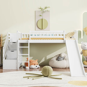 English Elm Stairway Twin Loft Bed with Storage Staircase Slide and Guardrails for Kids White LT000515AAK-2