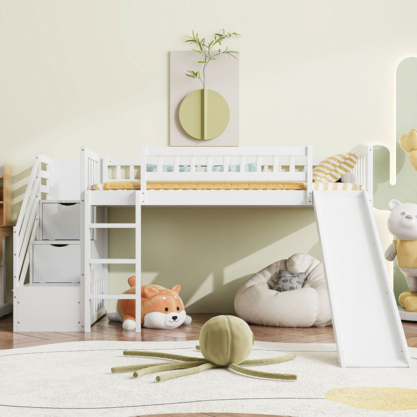 English Elm Stairway Twin Loft Bed with Storage Staircase Slide and Guardrails for Kids White LT000515AAK-2