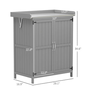 English Elm Wooden Garden Potting Bench with Fir Construction Steel Top and Weatherproof Tool Cabinet T3971P423122