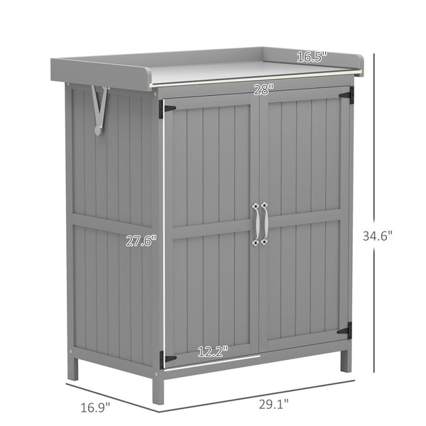 English Elm Wooden Garden Potting Bench with Fir Construction Steel Top and Weatherproof Tool Cabinet T3971P423122