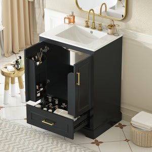 English Elm 24"Bathroom Modern Vanity with Ceramic Sink, Solid Wood Frame, Soft-Close Doors & Smart Storage System Black N729P321378B