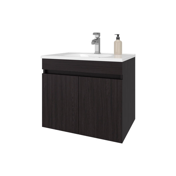 English Elm Wengue Floating Vanity with Integrated Basin, Dual-Door Wall-Mounted Cabinet, Dark Brown Compact Design (23.2" W, 17.3" D) B062P303927
