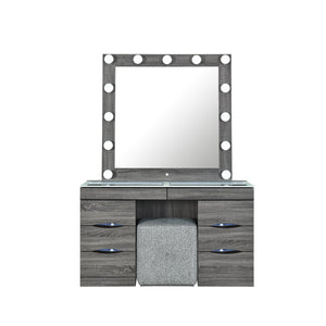 English Elm Lorena Grey Vanity with Lighted Mirror and Stool – Solid Wood MDF, 6 Drawers, Glass Top, Sturdy B201S00443