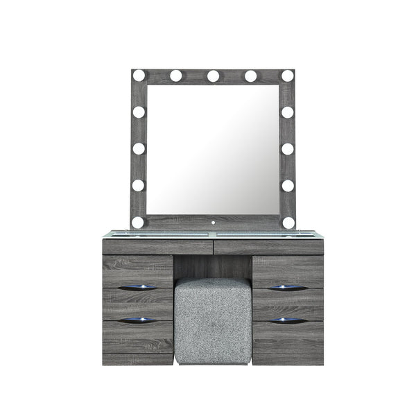 English Elm Lorena Grey Vanity with Lighted Mirror and Stool – Solid Wood MDF, 6 Drawers, Glass Top, Sturdy B201S00443