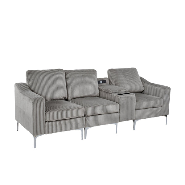 English Elm Convertible Corduroy Sectional Sofa With Usb & Cupholders – Modern 3-Seater In Gray For Comfort W3098S00029
