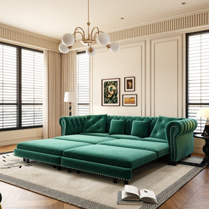 English Elm Chesterfield 3-In-1 Convertible Sleeper Sofa Bed With Movable Ottoman & Pillows - Stylish Green Velvet W1885S00176