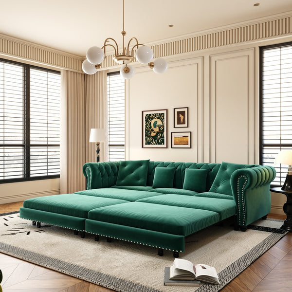 English Elm Chesterfield 3-In-1 Convertible Sleeper Sofa Bed With Movable Ottoman & Pillows - Stylish Green Velvet W1885S00176