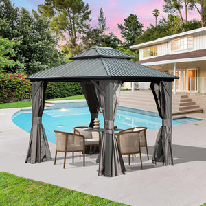 English Elm 8' Hardtop Gazebo 8x10 Aluminum Pavilion with Double Roof, Curtains & Netting for Outdoor Events Grey W1859S00148