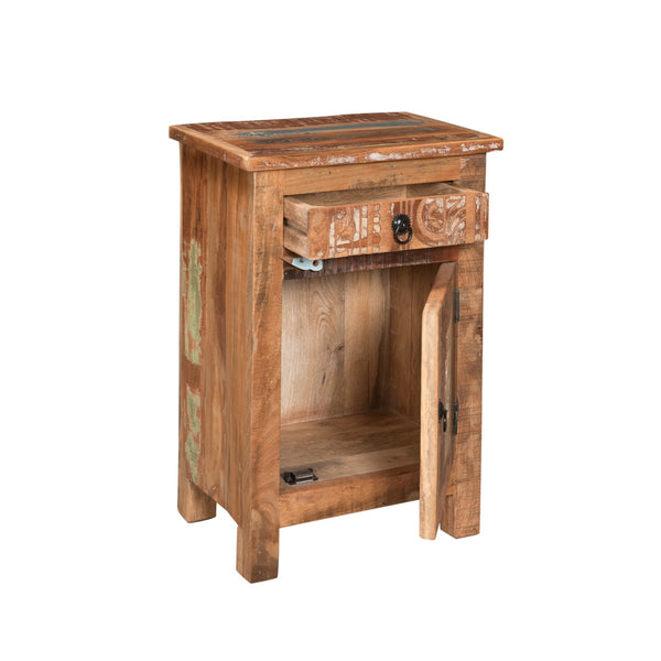 English Elm Christopher Knight Home® - CARVED Recycled Wood Side Table in Natural Finish with Distressed Paint, Drawer & Cabinet Storage 66416.00