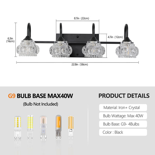 English Elm 23" Retro 4-Light Vanity Light Fixture Black Iron with Crystal Glass Shades Wall-Mount Hardwired Elegant Illumination for Bathroom Dressing Room W2312P374818