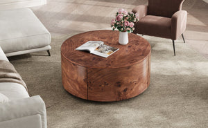English Elm Burl Veneer Round Coffee Table Swivel Top Two Drawers Walnut Living Room N735P387206D