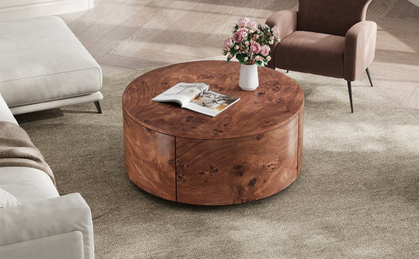 English Elm Burl Veneer Round Coffee Table Swivel Top Two Drawers Walnut Living Room N735P387206D