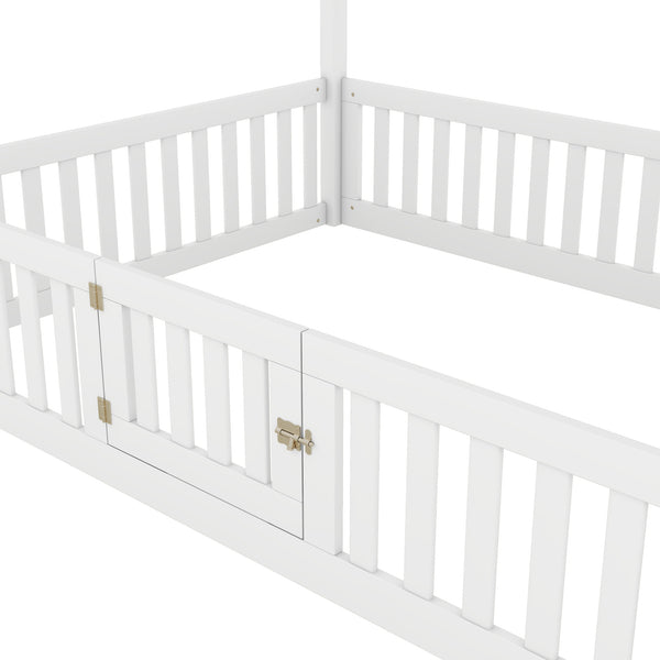 English Elm Full Full Size Wood House Bed with Roof, Fence & Working Door in Washed White Pine — Cozy Play Loft Retreat for Kids (78.1" L x 55.8" W x 77.2" H) WF531502AAK