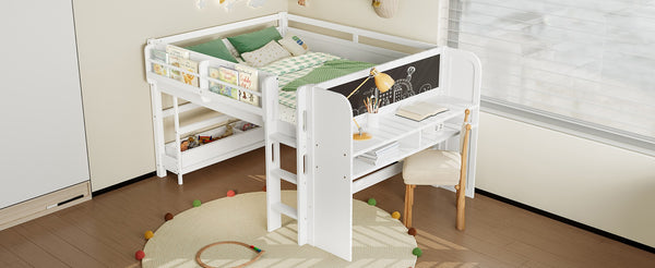 English Elm Twin Low Loft Bed Solid Pine Frame Kids Study Desk Blackboard Storage White Light White W1580S00299