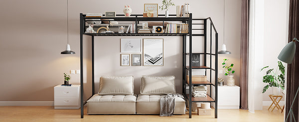 English Elm Twin Metal Loft Bed with Upper Grid Storage Shelf and 4-Layer Ladder Shelves for Space Saving Black SF100081AAB