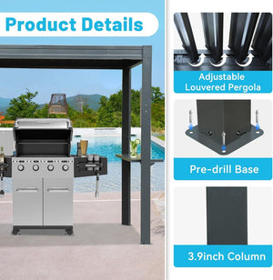 English Elm 8x5 Outdoor Hardtop Louvered Pergola Steel Grill Shelter with Gutter and Adjustable Roof Gray W1859S00176