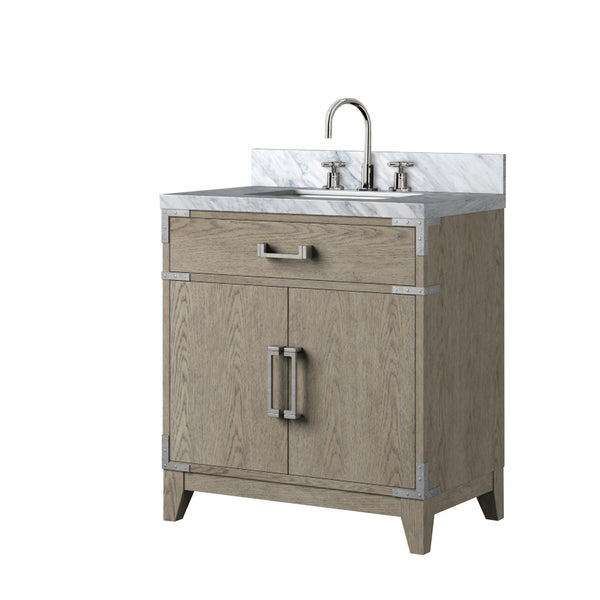 English Elm Grey Oak Single Bath Vanity With Carrara Marble Top, Complete Faucet Set & Soft-Close Storage B2731P259771